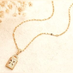Gold Plated Stainless Steel Lock Charm & chain w/ CZ stones